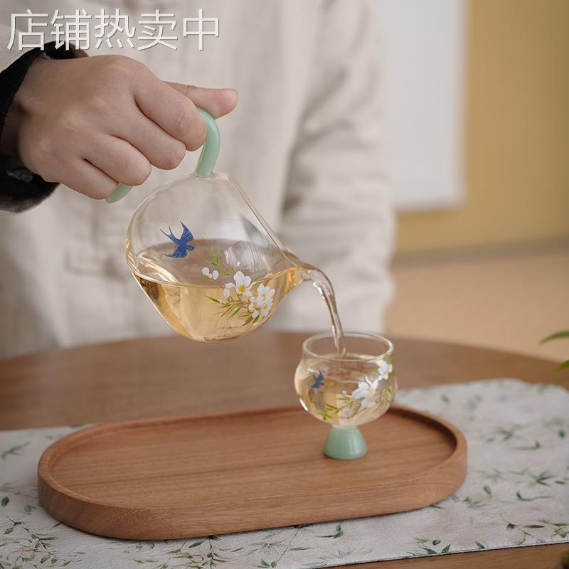 玻璃公道杯匀杯分茶器茶海高硼硅透明功夫公杯手握加厚贴花春归
