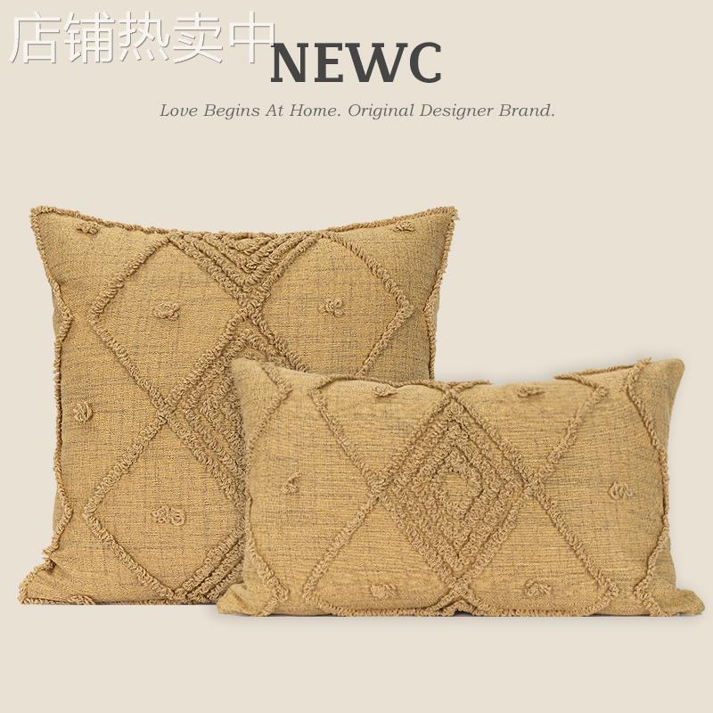 XEI3NEWC新宸优品复古怀旧几何毛巾绣花抱枕套姜黄色客厅沙发靠垫