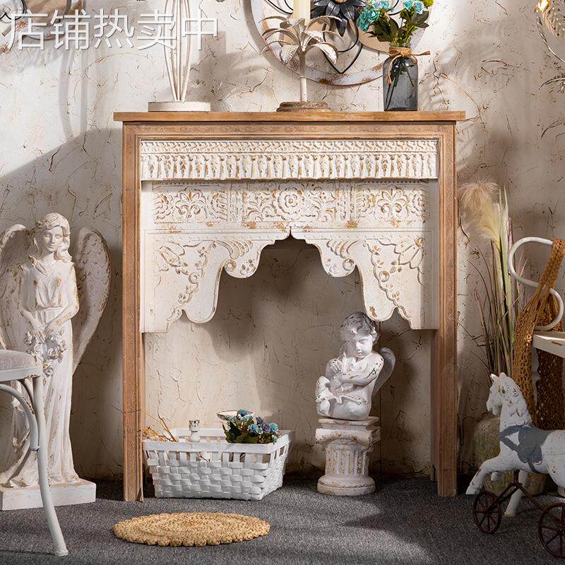美式复古实木客厅壁炉装饰柜欧式别墅雕花案台民宿简约置物壁炉架