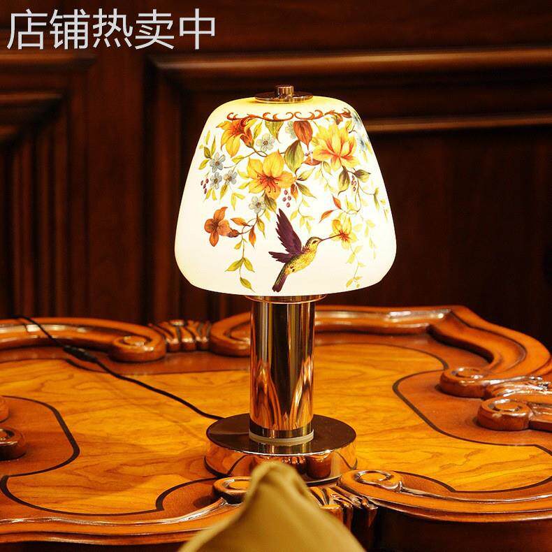 奶油风蘑菇台灯中古花鸟轻奢现代卧室床头氛围触摸调光小夜灯礼物