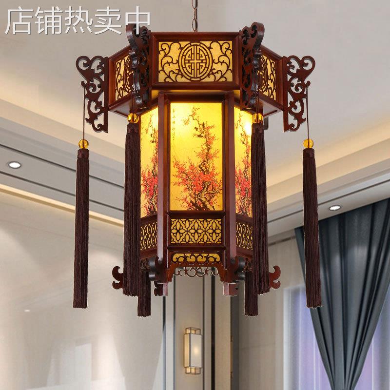 中式实木宫灯羊皮宫廷仿古吊灯复古建筑酒店寺庙长廊亭子六角灯笼