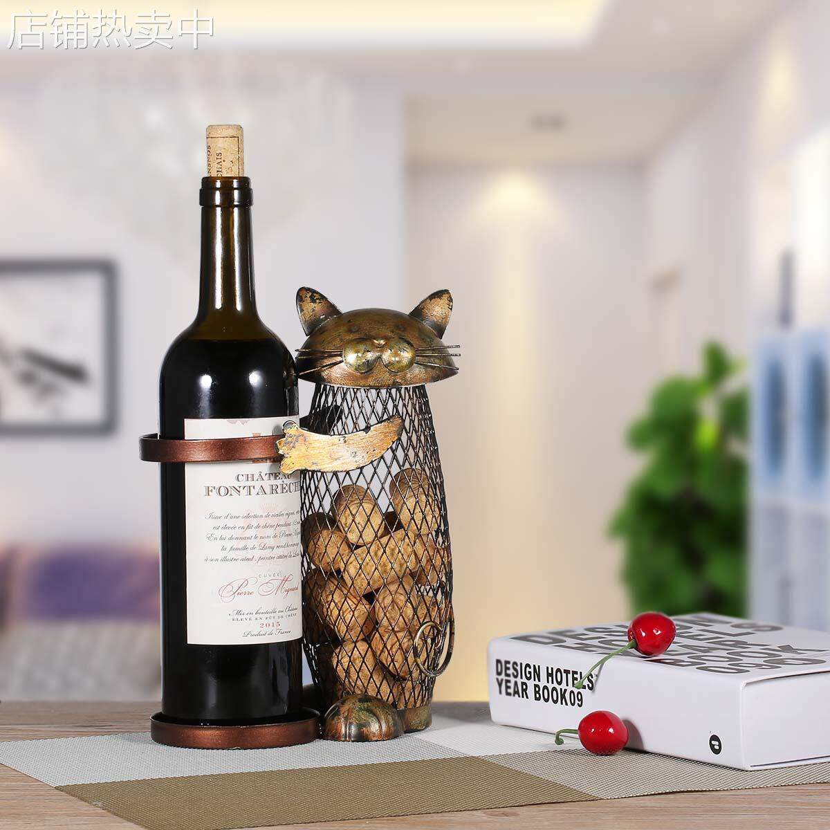 现货网状猫红酒架钱罐装饰工艺品 创意家居摆件 铁艺葡萄酒架