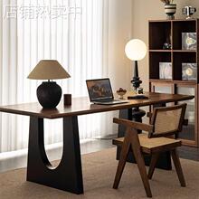 实木餐桌胡桃木色客厅大长书桌工作台大板餐书桌一体会议办公桌子
