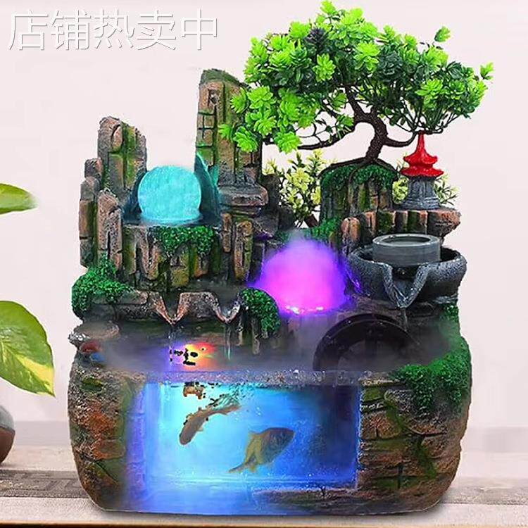 假山流水喷泉盆景鱼缸雾化器工艺品办公室家居装饰树脂摆件喷泉