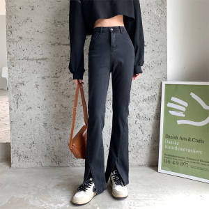微喇开叉牛仔裤女2024年春秋新款高腰宽松显瘦喇叭直筒分叉拖地裤