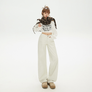 美式复古低腰辣妹宽松直筒裤白色皮裤百搭显瘦秋冬休闲裤女