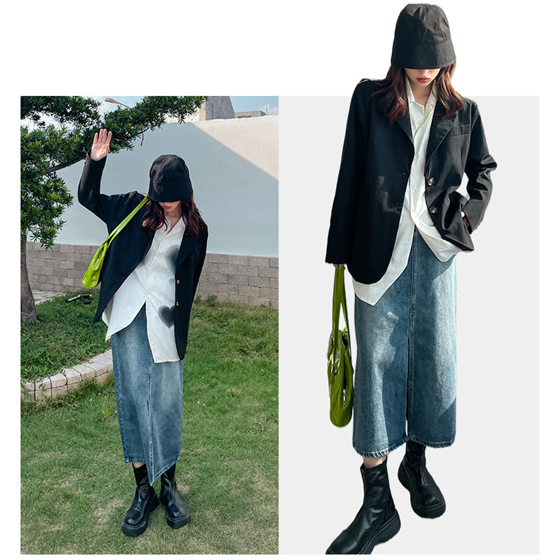 复古做旧开叉牛仔半身裙女四季百搭柔软显瘦中长款高腰a字包臀裙