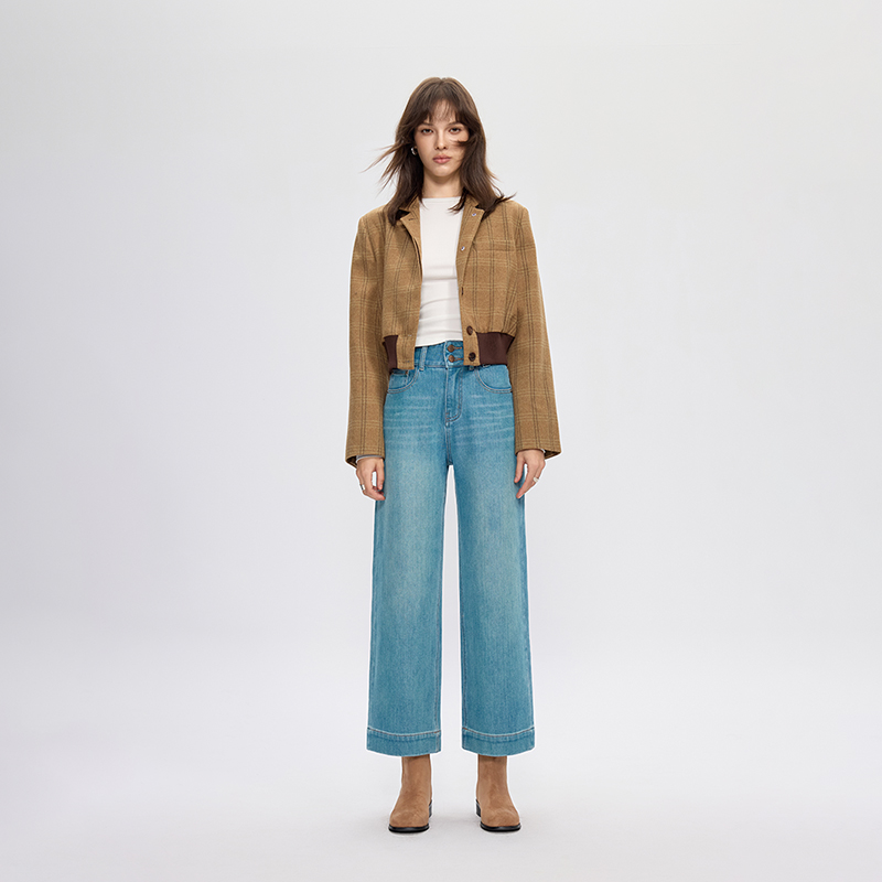 翡翠绿四面弹九分牛仔裤女2025秋双扣高腰宽松阔腿奶奶裤