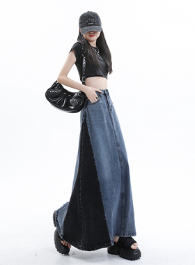 小众设计感复古显瘦撞色牛仔长裙高个子遮肉高腰拼色半身裙女春秋