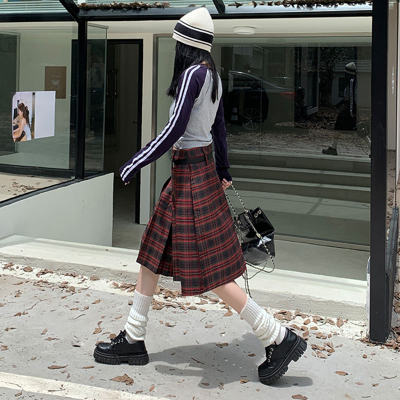 美式复古学院风格｜JK百褶裙女秋冬红色格子（赠送皮带）