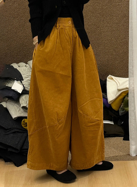 欧货高端定制姜黄色灯芯绒阔腿裤女2025冬季新款复古大码休闲裤子