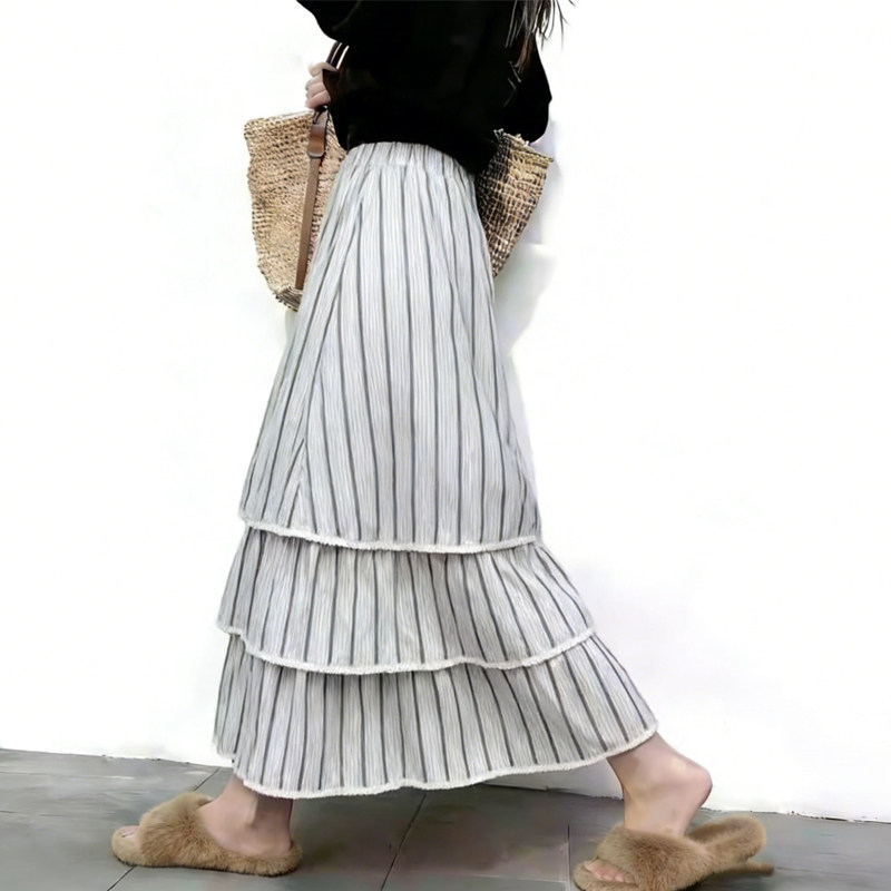 欧货高端定制白灰色棉纺大码半身裙女2026早春新款条纹轻熟大摆裙,女装/女士精品,大码半身裙,淘宝优惠券,粉丝福利购,淘宝优惠卷
