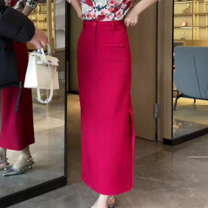 欧货高端玫红色大码开叉半身裙女