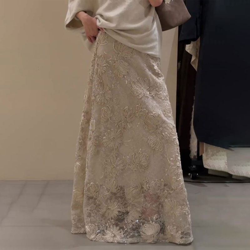 欧货高端定制杏色提花大码半身裙女2025秋冬新款加厚亮片a字长裙