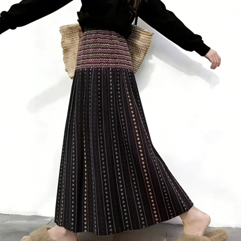 欧货高端定制黑色条纹大码半身裙女2025冬季新款加厚民族风大摆裙,女装/女士精品,大码半身裙,淘宝优惠券,粉丝福利购,淘宝优惠卷