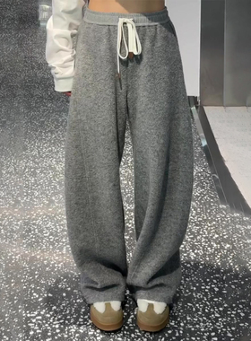 韩系灰色高定毛呢休闲卫裤女2025冬季加厚新款潮牌慵懒风弯刀裤子