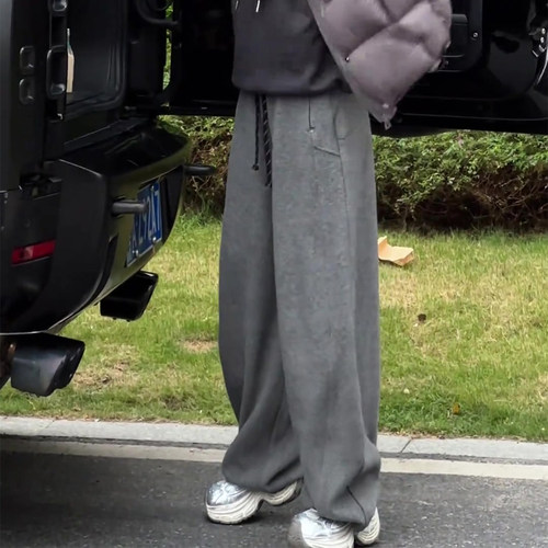 高端定制浅灰色毛呢大码阔腿裤女