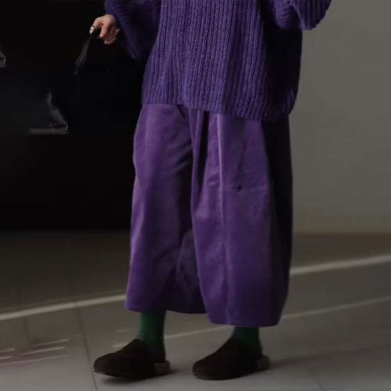 高端定制紫色灯芯绒大码阔腿裤女
