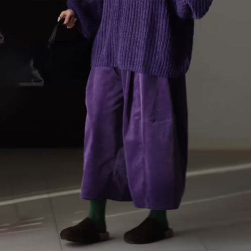高端定制紫色灯芯绒大码阔腿裤女