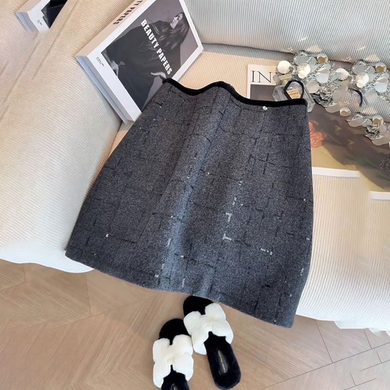 欧货灰色毛呢亮片大码半身裙女