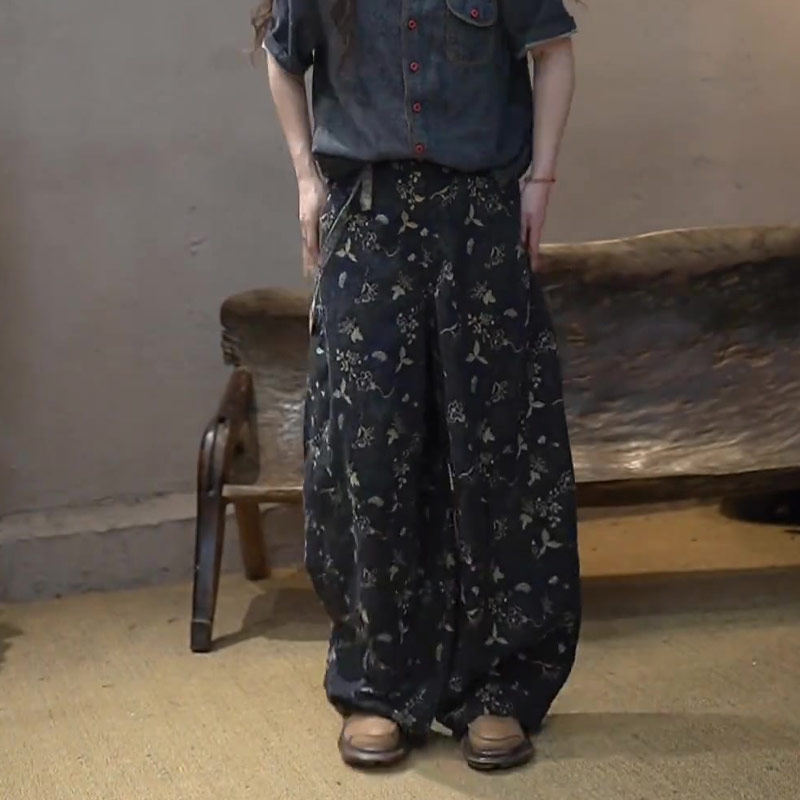 黑色休闲印花棉麻阔腿裤女2025秋季新款显瘦宽松时尚减龄直筒裤,女装/女士精品,大码裤装,淘宝优惠券,粉丝福利购,淘宝优惠卷