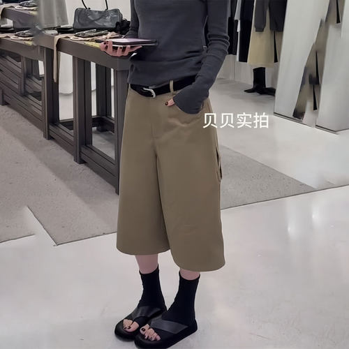 欧货定制卡其色大码七分阔腿裤女