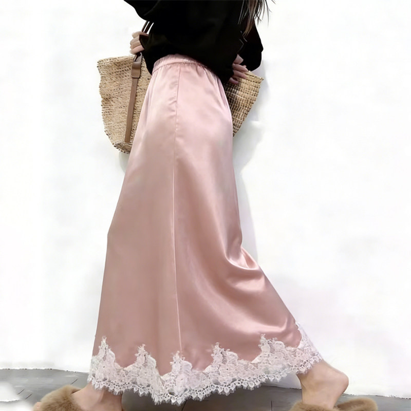 欧货高端定制浅粉色缎面大码半身裙女2026早春新款蕾丝拼接A字裙,女装/女士精品,大码半身裙,淘宝优惠券,粉丝福利购,淘宝优惠卷