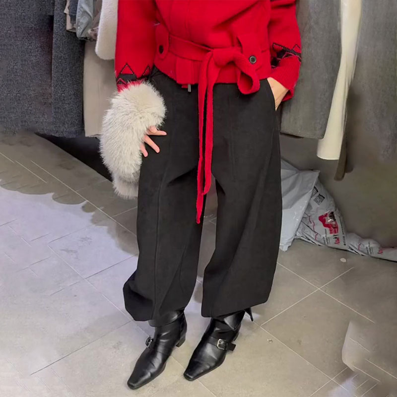 高端定制黑色毛呢大码阔腿裤女