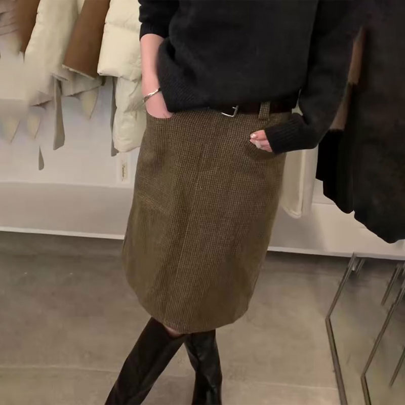 高端定制咖色格子大码半身裙女