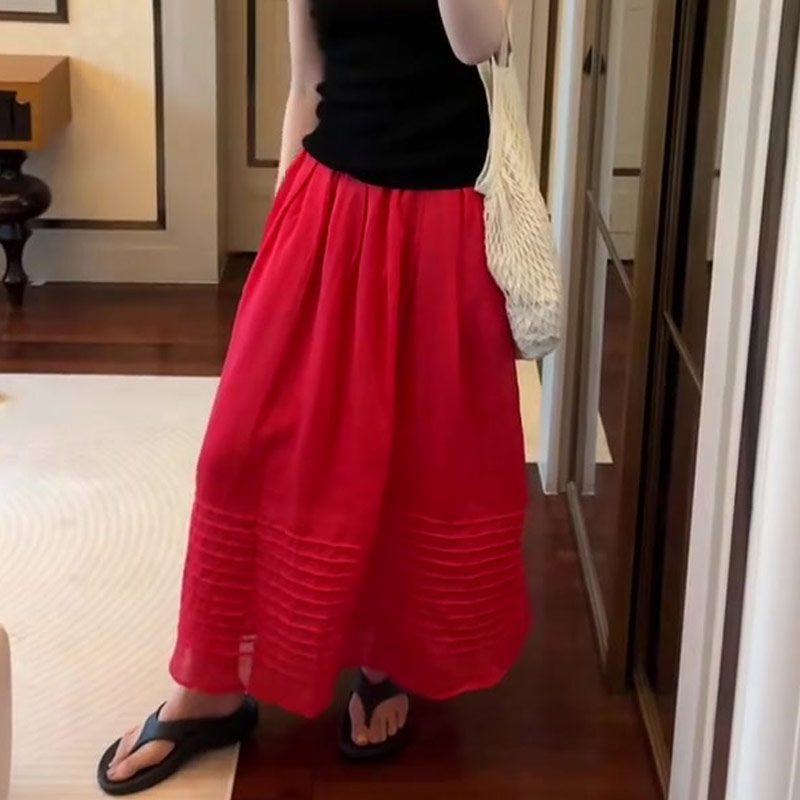 法式时尚红色褶皱半身裙女2025夏季新款高级感显瘦气质减龄a字裙