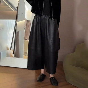 高端定制黑色大码阔腿九分皮裤女2025冬季新款宽松高级休闲裤子