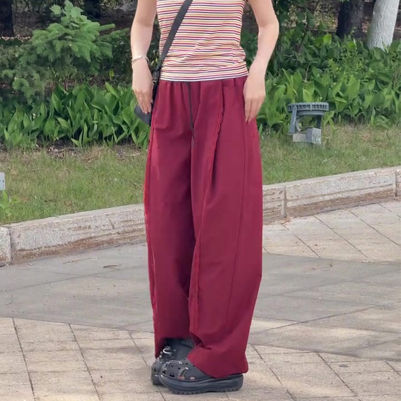 酒红色休闲阔腿裤女2025夏季新款