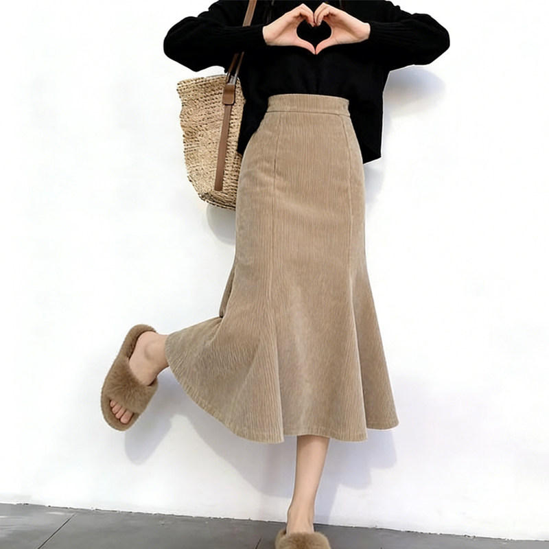欧货高端定制卡其色灯芯绒大码半身裙女2026早春新款轻熟风鱼尾裙,女装/女士精品,大码半身裙,淘宝优惠券,粉丝福利购,淘宝优惠卷