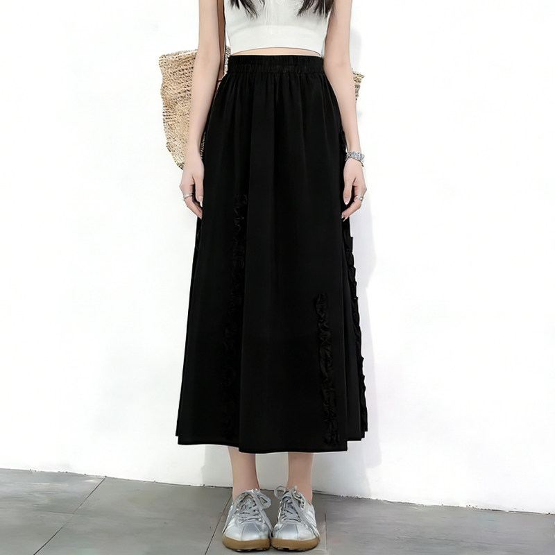 欧货高端定制黑色垂感大码半身裙女2026早春新款木耳边慵懒A字裙,女装/女士精品,大码半身裙,淘宝优惠券,粉丝福利购,淘宝优惠卷