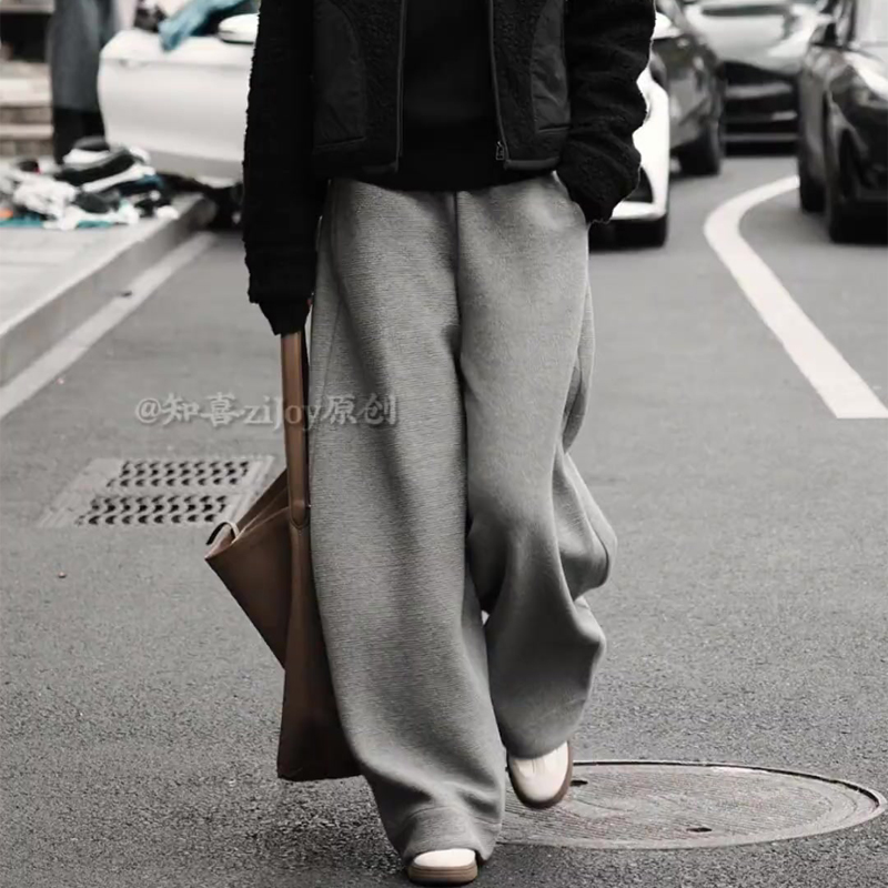 欧货高端定制灰色毛呢大码阔腿裤