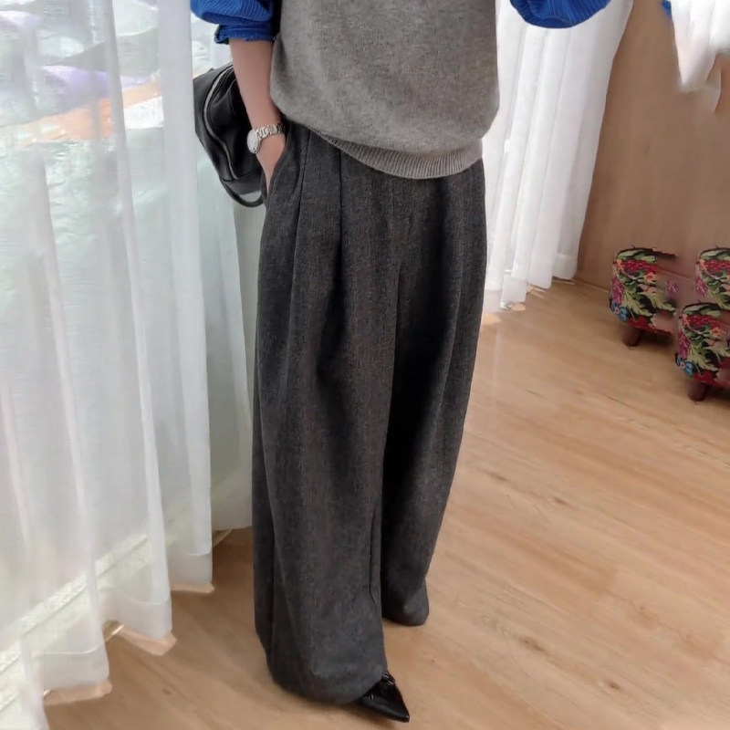欧货高端定制灰色毛呢大码阔腿裤女2025冬季新款加厚慵懒风休闲裤,女装/女士精品,大码裤装,淘宝优惠券,粉丝福利购,淘宝优惠卷