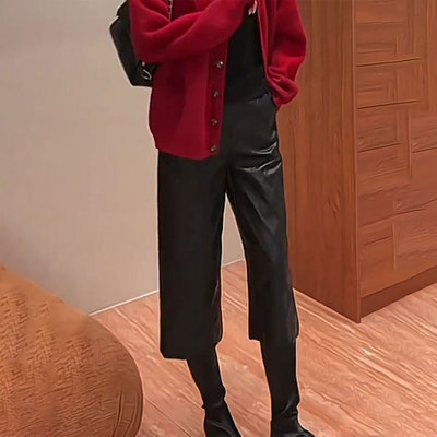 高端定制黑色大码阔腿七分皮裤女