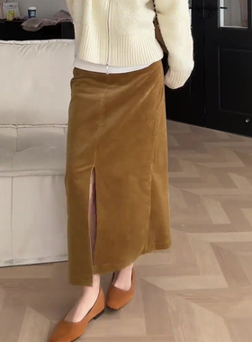 欧货高端定制姜黄色灯芯绒大码半身裙女2025秋冬新款加厚a字裙子