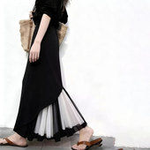 新款 高端定制黑色纱网拼接大码 半身裙女2025冬季 加厚不对称A字裙