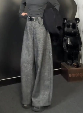 欧货深灰色大码高腰阔腿裤女2026春季新款韩版气质轻熟感弯刀裤子