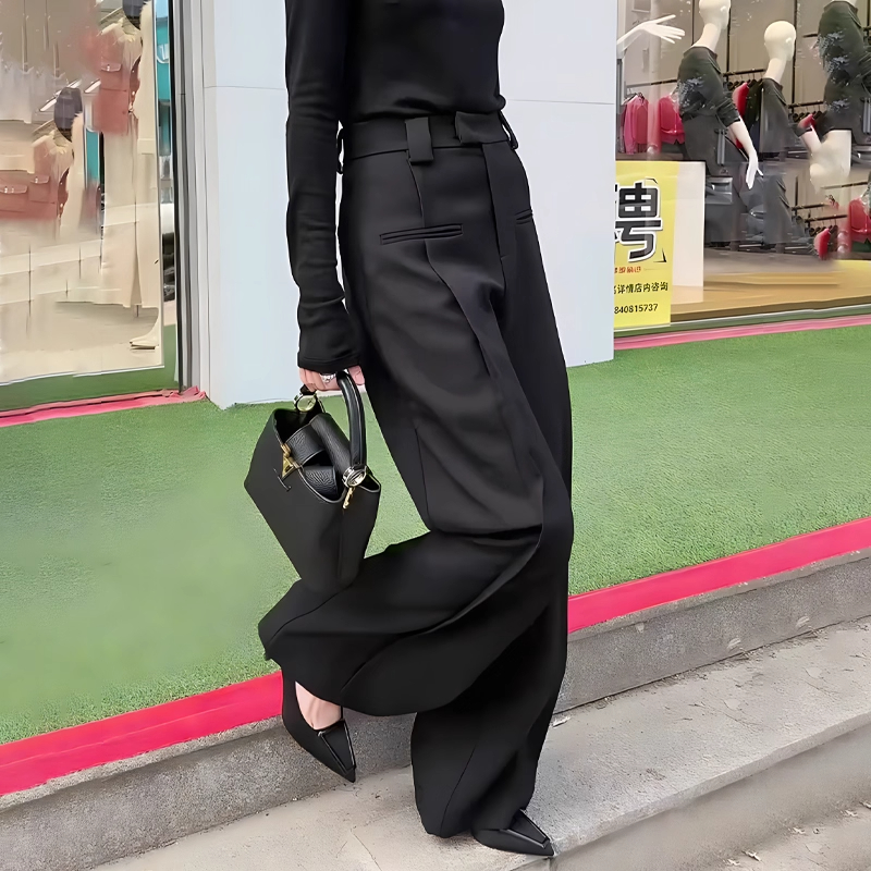欧货定制黑色大码阔腿西装裤女