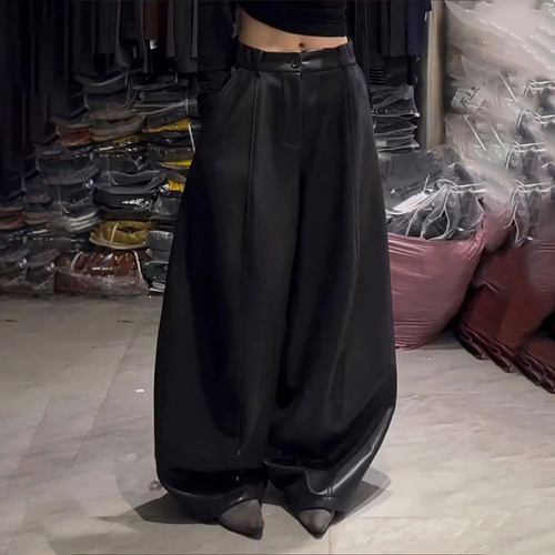 欧货高端定制黑色大码阔腿皮裤女