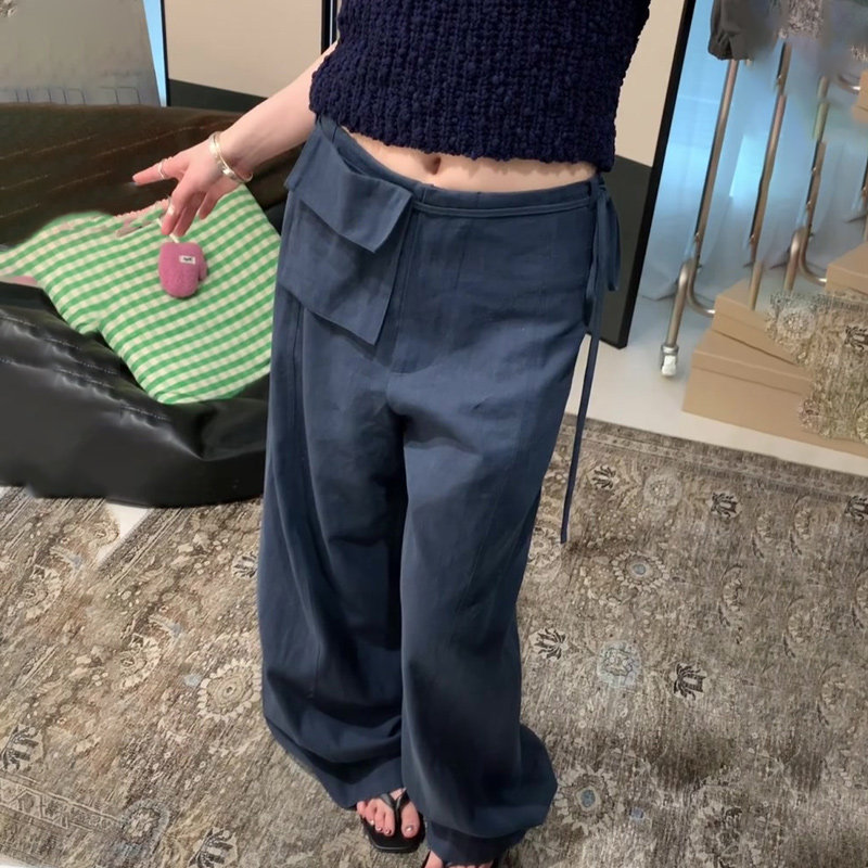 雾柔蓝腰包设计感大码阔腿裤女2025年夏季新款宽松舒适时尚休闲裤