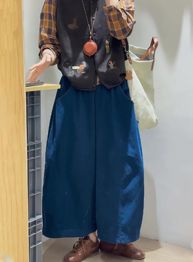 高端定制小个子日系宝蓝色阔腿裤女2025秋季新款宽松气质休闲裤子