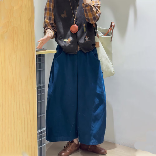 高端定制小个子日系宝蓝色阔腿裤