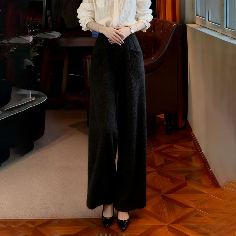 高端定制黑色毛呢大码阔腿裤女