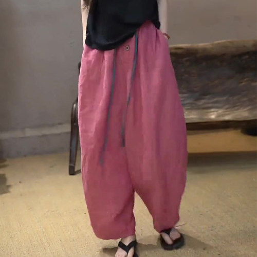 高端定制树莓玫红色大码阔腿裤女