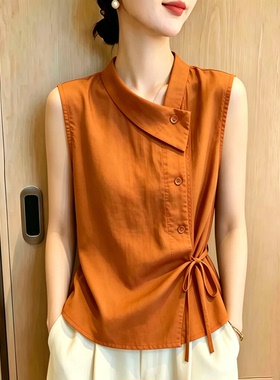 欧货高端气质百搭蕉橙色系带上衣女2026夏季新款简约精致无袖小衫
