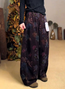 欧货高端定制紫色大码印花棉麻阔腿裤女2025早秋新款复古时髦裤子