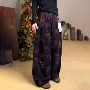 复古时髦裤 女2025早秋新款 子 印花棉麻阔腿裤 欧货高端定制紫色大码